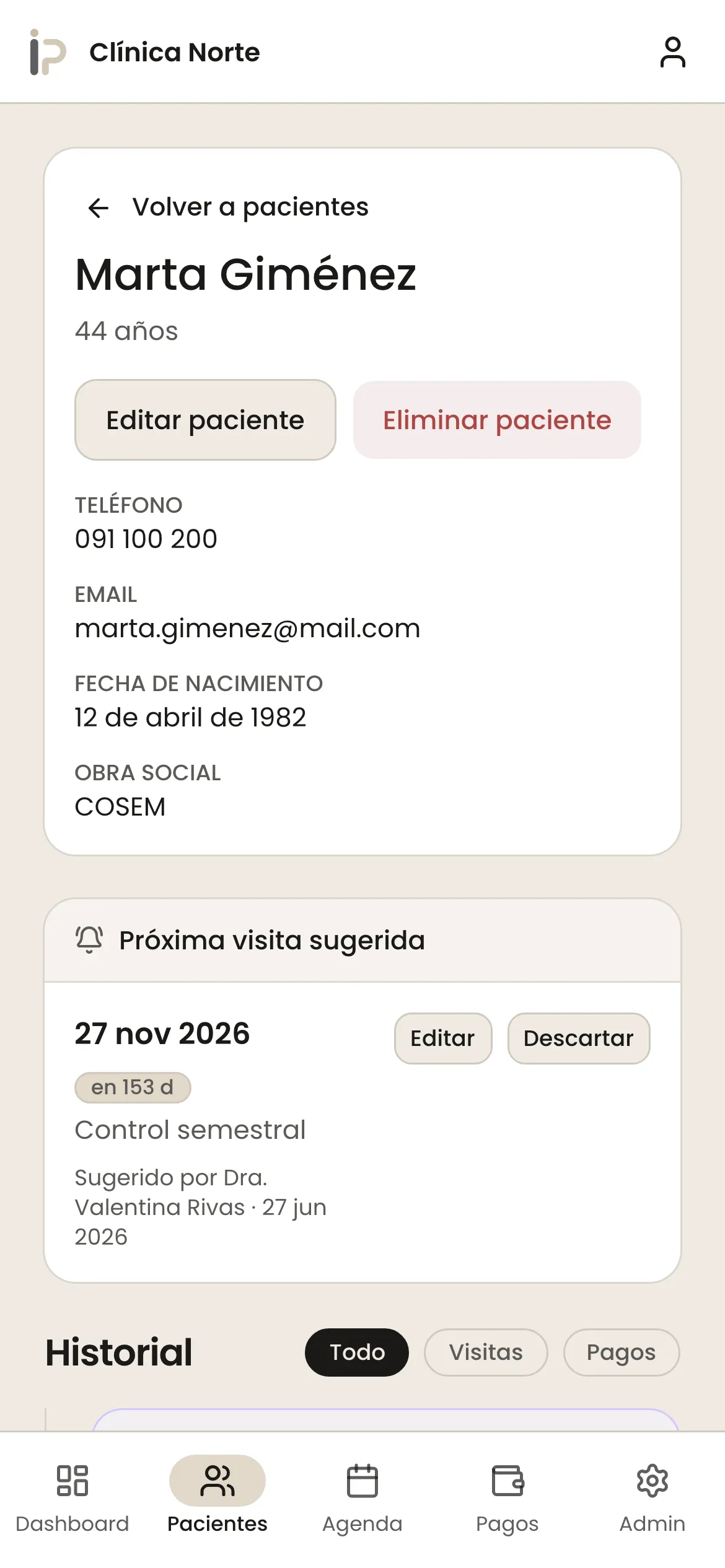 Ficha del paciente en el celular