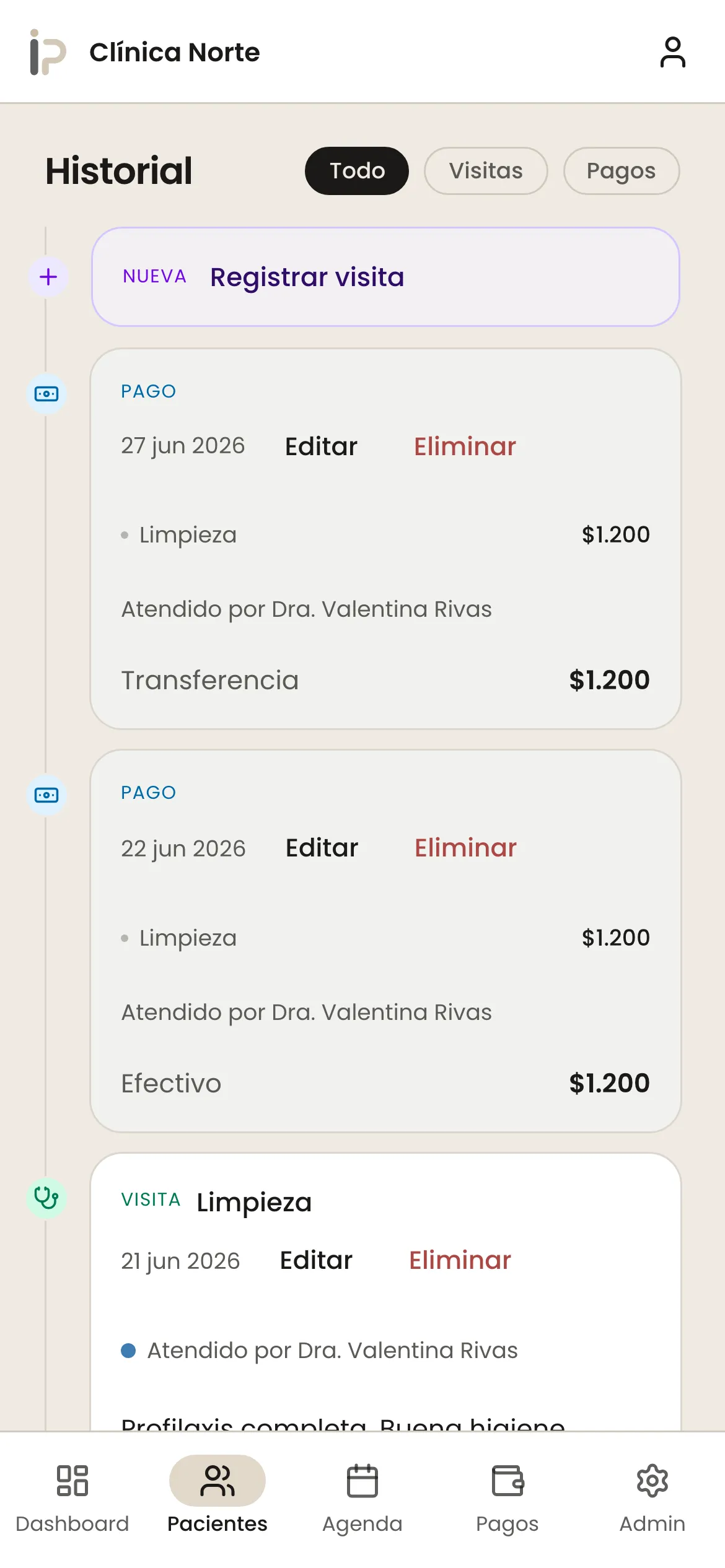 Historial del paciente en el celular