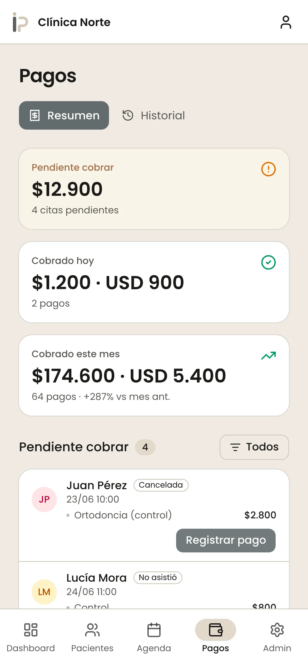Pagos — resumen, en el celular